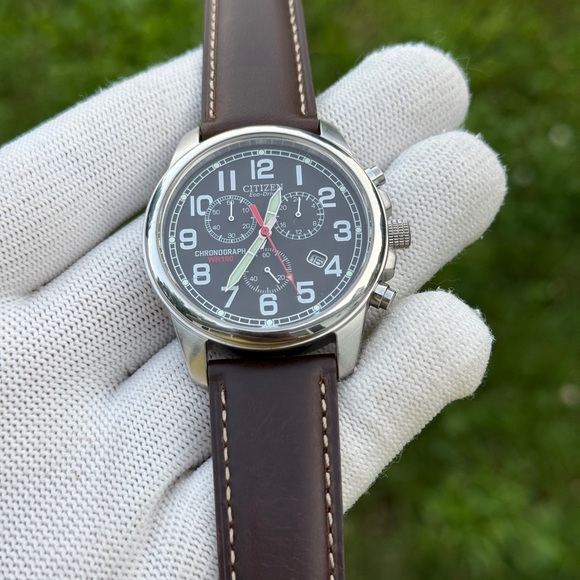 Citizen eco drive Chronograph with Black Dial and Brown Strap - Picture 4 of 9